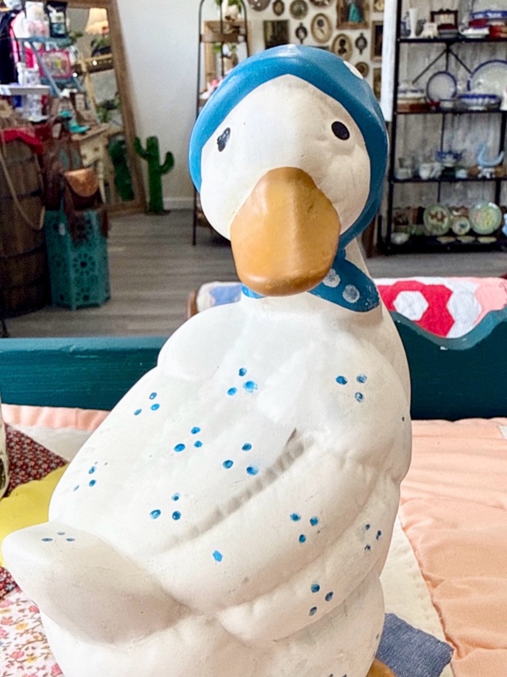 Ceramic Duck Figurine with Blue Bonnet - White and Blue